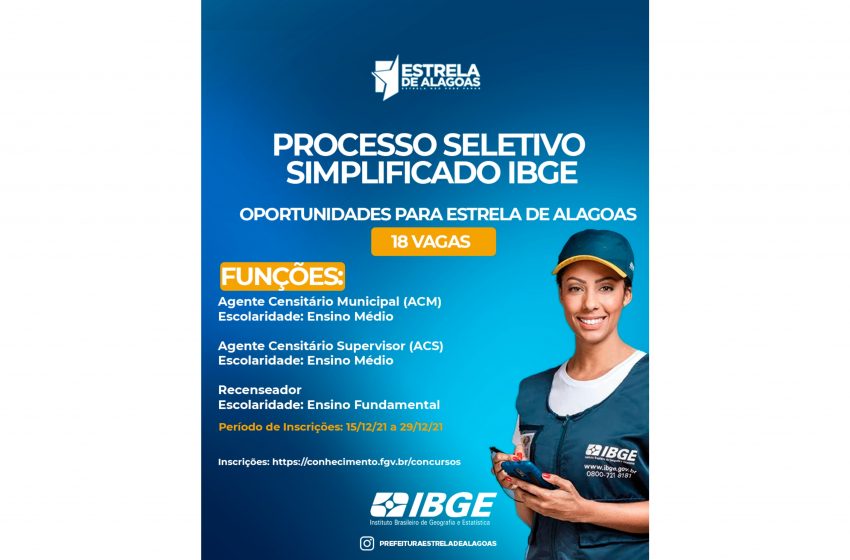 PSS do IBGE com oportunidades para Estrela de Alagoas